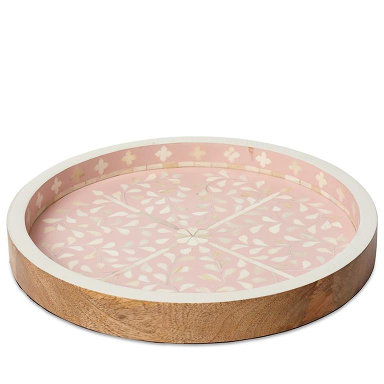 The Priya round tray with a bone-inlay design, $129.99. adairs.com.au