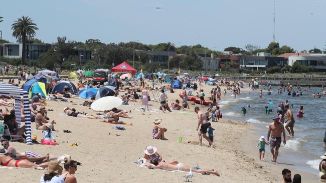 Large crowds are seen at Elwood beach in Melbourne. Picture: NCA NewsWire / David Crosling