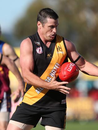 24.5.2014. Brownlow Medallist Shane Crawford plays for hapless Aldinga, against almost-as-hapless O'Sullivans Beach/Lonsdale at Aldinga Oval. pic tait schmaal.