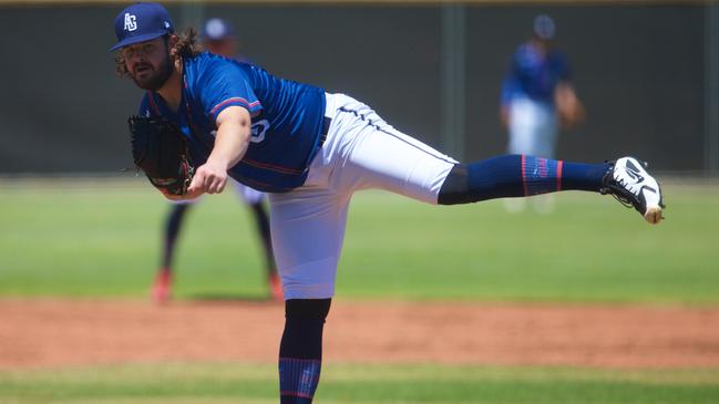 Gunnar Kines has joined Adelaide Giants’ pitching ranks, which also feature fellow American David Holmberg. Picture: Ryan Schembri/SMP Images/Baseball Australia