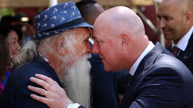 New Zealand Prime Minister Christopher Luxon (R) is greeted with a hongi at Te Whare Rananga during a powhiri in Waitangi. Picture: Getty Images.