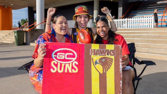 Kirsty Hedlam, Nazahliah Patrick and Claire Rogers at the Gold Coast Suns v Hawthorn AFL match at TIO Stadium. Picture: Pema Tamang Pakhrin