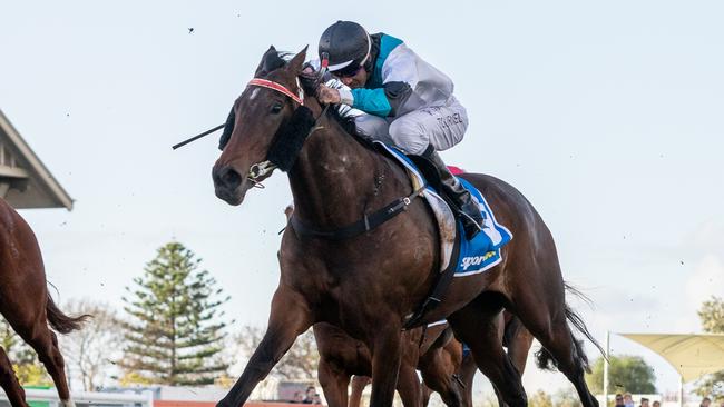 Lingani hits the line strongly to win the Listed Lightning Stakes at Morphettville. Picture: Makoto Kaneko