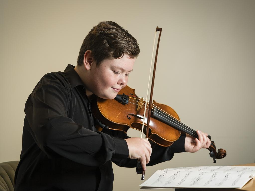 Lachlan Elsworth before competing in a Violin or Viola Solo section of the 77th City of Toowoomba Eisteddfod at Empire Theatres, Thursday, July 27, 2023. Picture: Kevin Farmer