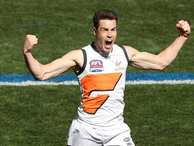 MELBOURNE, AUSTRALIA - SEPTEMBER 28: Jeremy Cameron of the Giants celebrates after scoring a goal during the 2019 AFL Grand Final match between the Richmond Tigers and the Greater Western Sydney Giants at Melbourne Cricket Ground on September 28, 2019 in Melbourne, Australia. (Photo by Robert Cianflone/AFL Photos/via Getty Images )