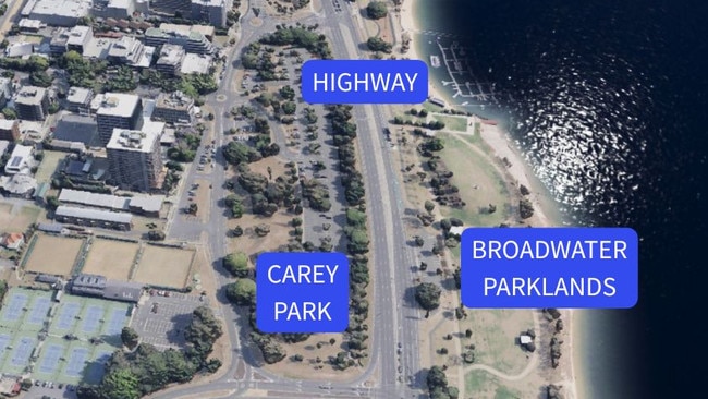 A bird's eye view of how the Gold Coast Arena site at Carey Park in Southport, which adjoins the Gold Coast Highway, currently looks. Picture: Bing Maps.