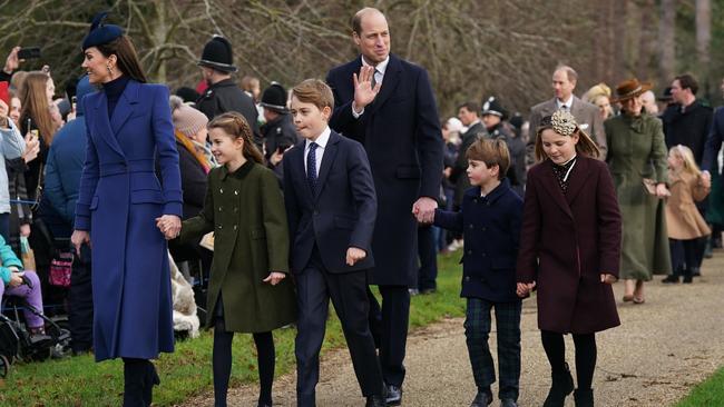 The Princess of Wales, Princess Charlotte, Prince George, the Prince of Wales, Prince Louis and Mia Tindall attending the Christmas Day morning church service at St Mary Magdalene Church in Sandringham, Norfolk. Picture: Getty Images