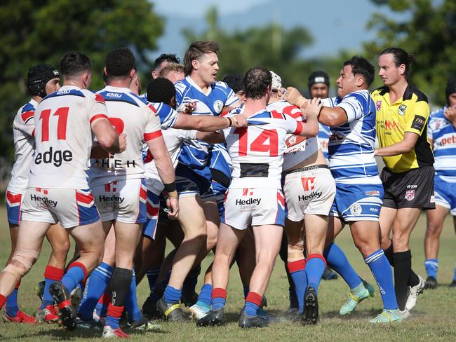 Brothers player-coach Jordan Biondi-Odo drags his players from a fight in the Cairns District Rugby League (CDRL) Round 16 match between the Ivanhoe Knights and Cairns Brothers, held at the Smithfield Sporting Complex. Picture: Brendan Radke