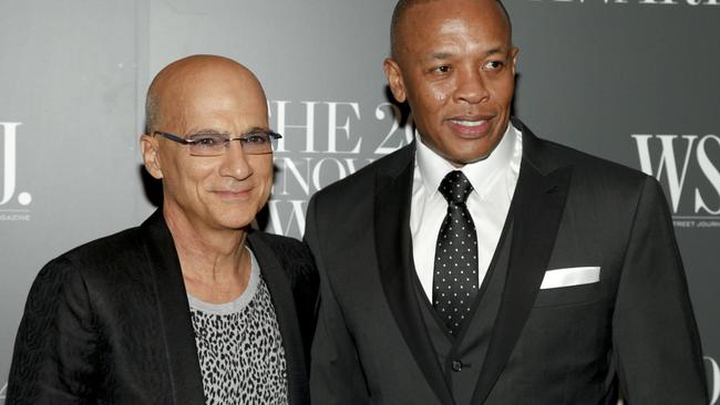 FILE - In this Nov. 5, 2014 file photo, Jimmy Iovine, left, and Dr. Dre, attend the WSJ Magazine 2014 Innovator Awards at MoMA in New York. Rapper Dr. Dre and record producer Iovine are being vilified as scam artists in a lawsuit that alleges the duo duped one of their former partners in Beat Electronics before selling the trendy headphone maker to Apple for $3 billion last year. The complaint filed Tuesday, Jan. 6, 2015, in San Mateo Superior Court accuses Dre and Iovine of double crossing Noel Lee, the founder of video and audio cable maker Monster LLC. (Photo by Andy Kropa/Invision/AP, File)