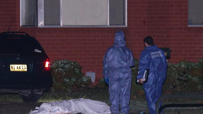 A man has been shot dead on Stafford Street, Kingswood. The body of a male was located on the footpath outside a home and opposite a reserve. Police established a crime scene whilst forensic officers and dog unit searched for evidence. Pics Bill Hearne