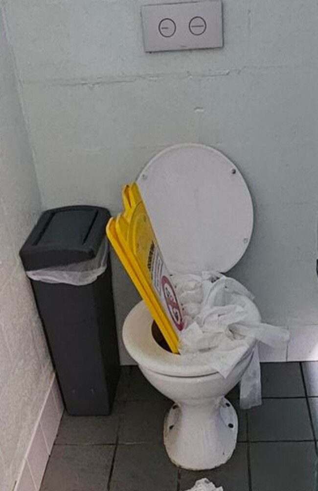 A picture of a trashed toilet sent to parents by Woombye State School deputy principal. Picture – contributed.