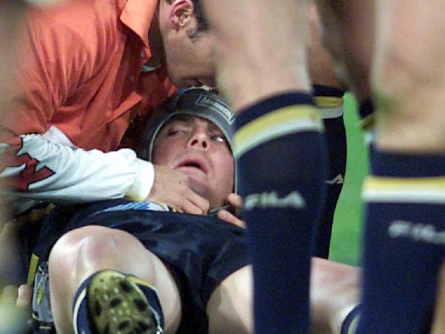 Former North Queensland star Shaun Valentine after being knocked out in 2001. Picture: Rohan Kelly