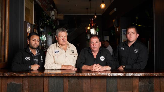 Woolshed management, Jase Luth, John Meek, Alex Laughton and Andrew Chandler outside the Woolshed on Hindley St in March. Picture: Matt Loxton