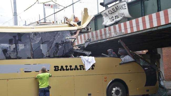 The bus driven into a bridge on Montague St in South Melbourne in 2016.