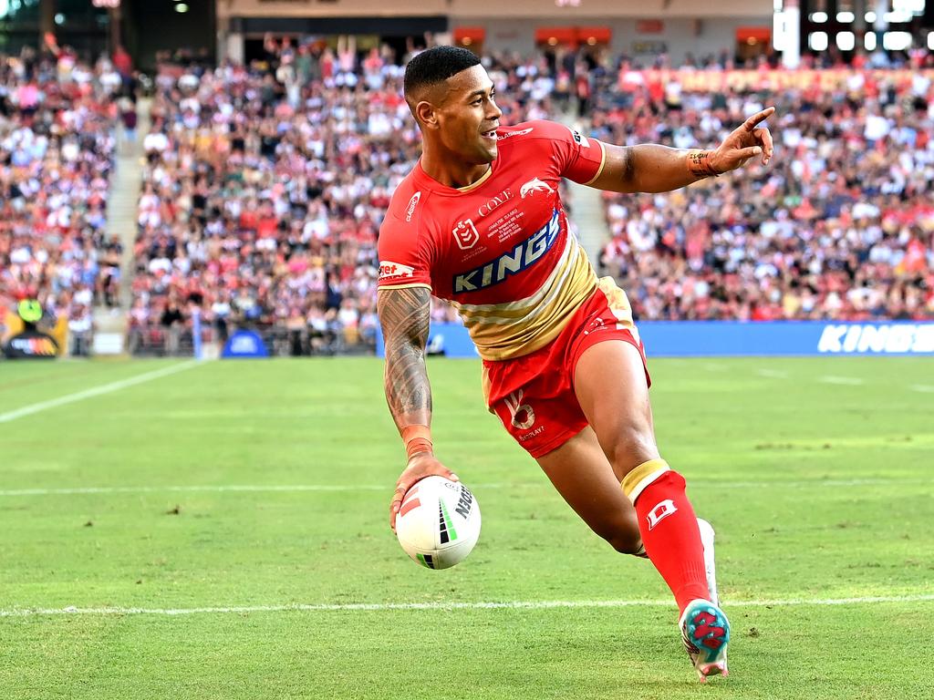 Jamayne Isaako of the Dolphins celebrates a try during the NRL Round 12  match between the Redcliffe Dolphins and the Melbourne Storm at Suncorp  Stadium in Brisbane, Saturday, May 20, 2023. (AAP