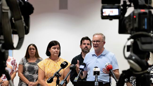 Prime Minister Anthony Albanese addresses the media in Alice Springs after meeting with local leaders, including NT Chief Minister Natasha Fyles. Picture: NCA NewsWire / Sabine Haider