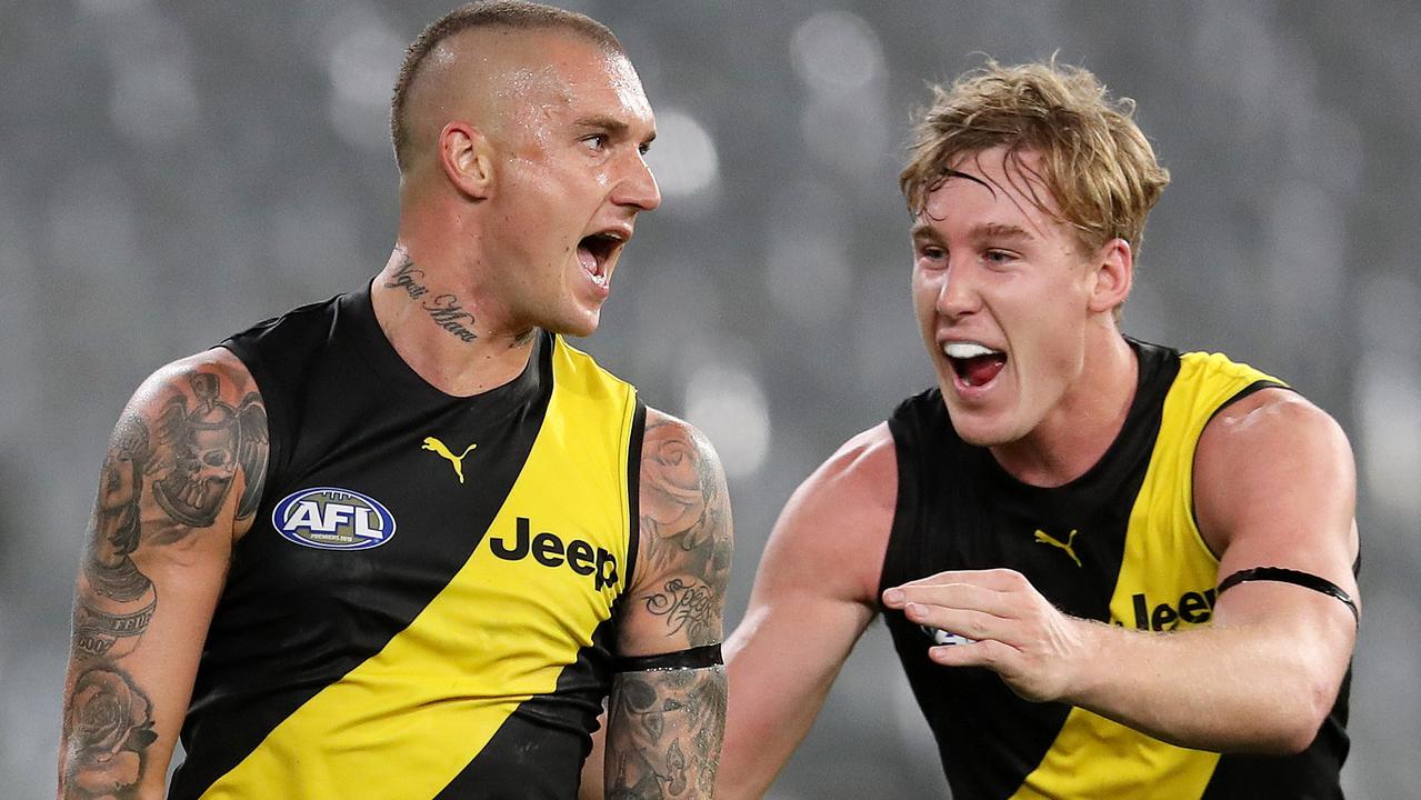 AFL Round 1. Richmond vs Carlton at the MCG..  20/03/2020.   Dustin Martin of the Tigers celebrates a 2nd goal with Tom Lynch  . Pic: Michael Klein