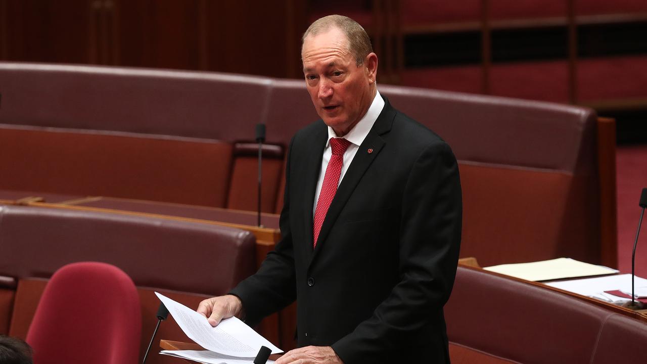 Senator Fraser Anning makes his maiden speech in the Senate Chamber at Parliament House in Canberra. Picture: Kym Smith