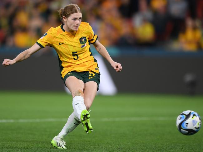 Cortnee Vine scores her winning penalty for the Matildas in their World Cup quarter-final against France. Picture: Justin Setterfield/Getty Images