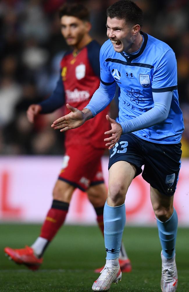 Patrick Wood of Sydney FC celebrates after scoring against Adelaide Unitedearlier this year. Picture: Mark Brake/Getty Images)