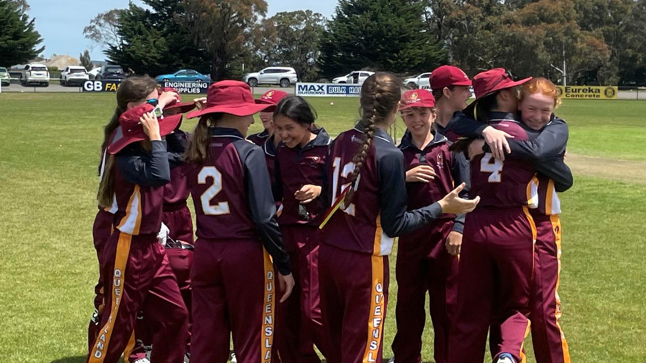 The Queensland team celebrate winning the School Sports Australia cricket titles for girls in 12 and under. Picture: Shane Jones.