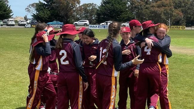 The Queensland team celebrate winning the School Sports Australia cricket titles for girls in 12 and under. Picture: Shane Jones.