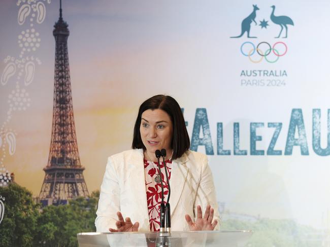 SYDNEY, AUSTRALIA - JUNE 04: Australian Olympic Team Chef de Mission Anna Meares speaks during the Australian 2024 Paris Olympic Games Women's Football Squad Announcement at Sydney Olympic Park Sports Centre on June 04, 2024 in Sydney, Australia. (Photo by Matt King/Getty Images)