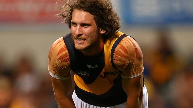 PERTH, AUSTRALIA — APRIL 15: Ty Vickery of the Tigers looks on during the round four AFL match between the West Coast Eagles and the Richmond Tigers at Domain Stadium on April 15, 2016 in Perth, Australia. (Photo by Paul Kane/Getty Images)