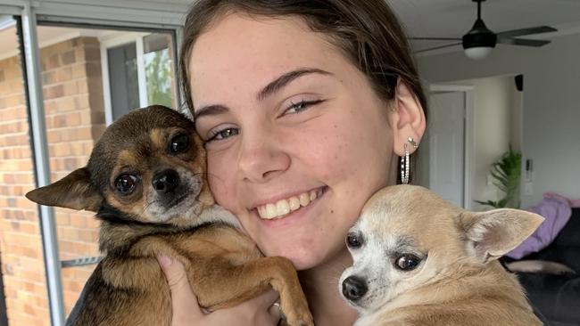 Sarah Reynold's daughter Tayla Reynold posing with the two dogs before they died shortly after being poisoned in her Banora Point, Tweed backyard on November 29, 2023. Picture: Sarah Reynolds