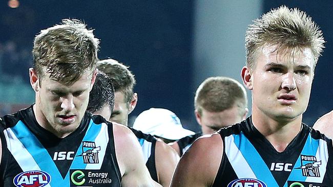 Port Adelaide will break a 149-year tradition by appointing two captains for the 2019 AFL season — Tom Jonas, left, and Ollie Wines. Picture: Sarah Reed.