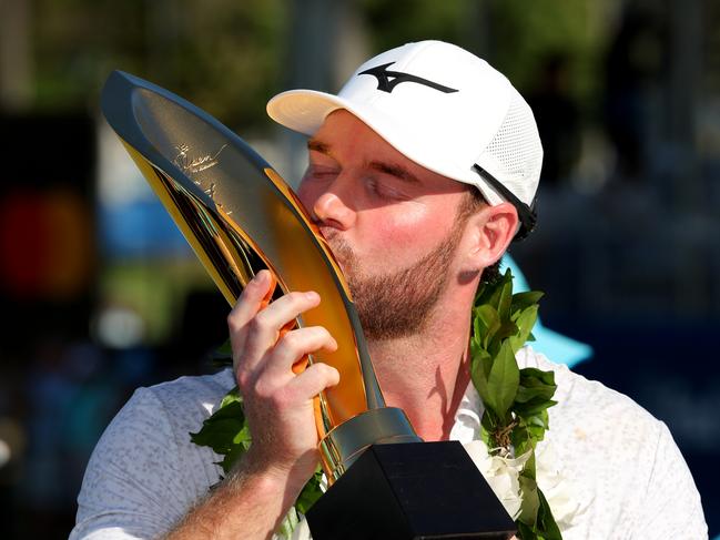 Murray poses with the championship trophy after winning the Sony Open in Hawaii. Picture: Getty