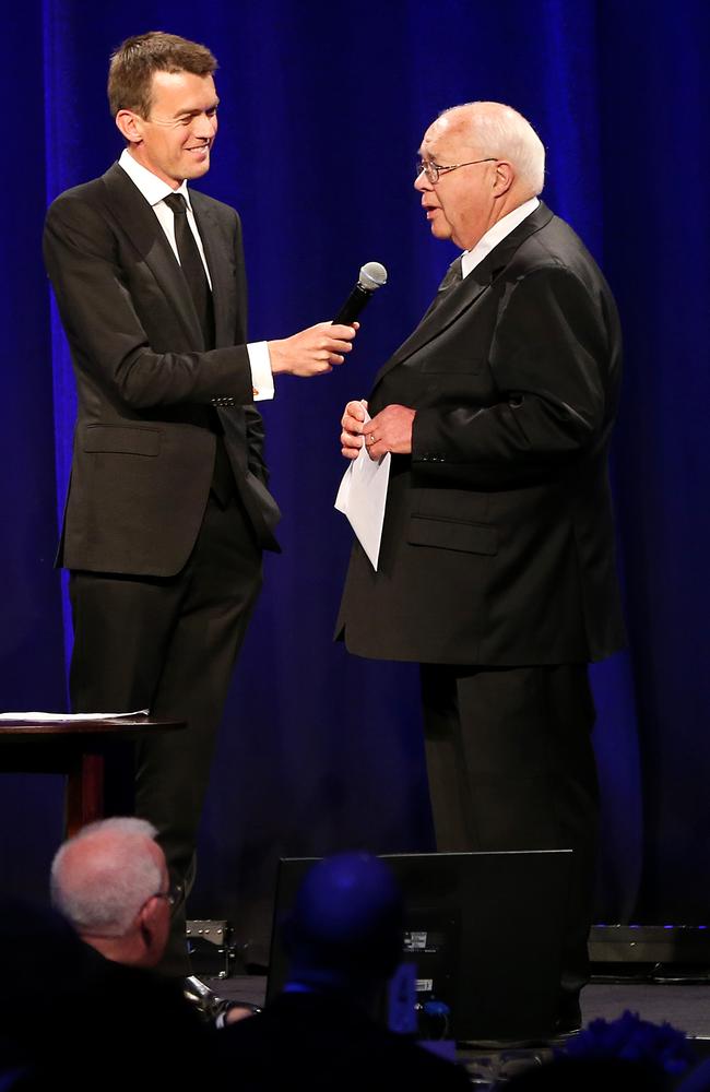 Laurie Oakes is inducted into the Hall of Fame at the Melbourne Press Club Media Hall of Fame dinner. Picture: Mark Stewart