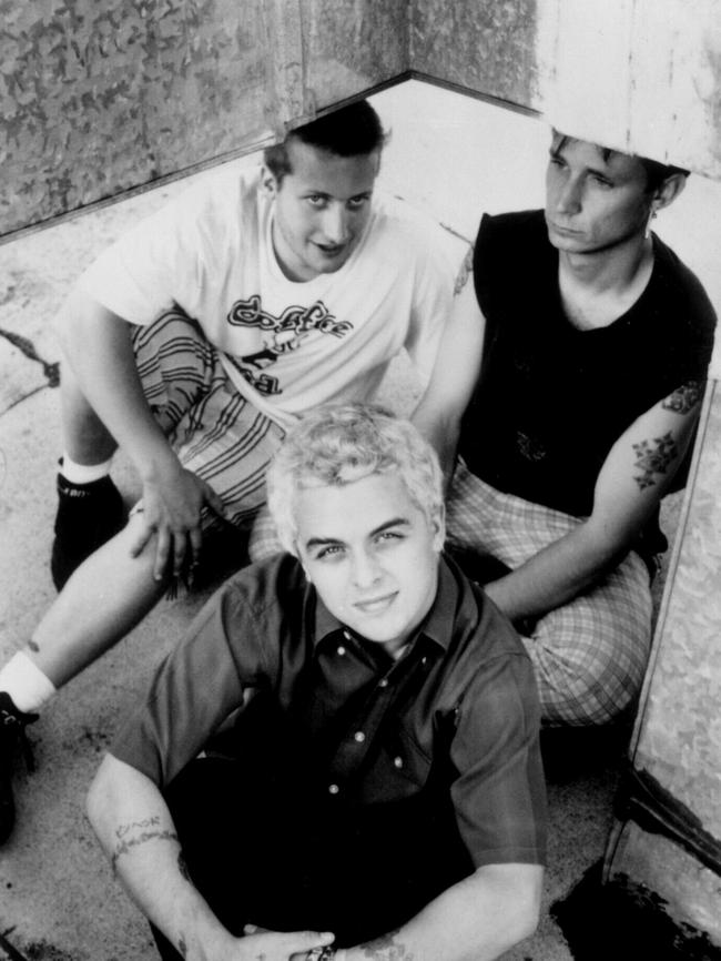 1996. Punk band 'Green Day'. Band members Tre Cool, Billie Joe Armstrong and Mike Dirnt.
