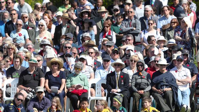 Crowds at the Melbourne service had an atmosphere of defiance after Friday’s terror attack. Picture: David Crosling