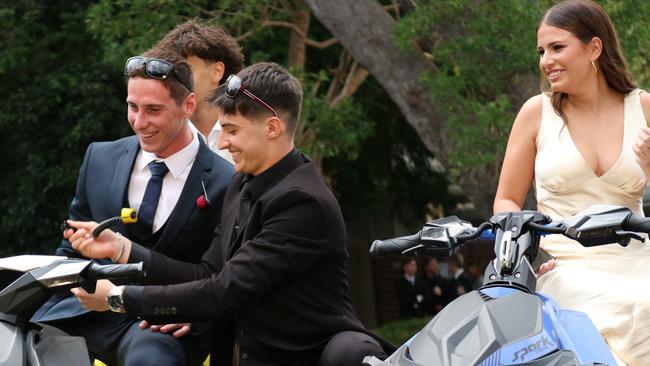 May Abbott, Ryan Baker, Luke Vitagliano and Grace Pohlner arrive at the St Teresa's Catholic College 2023 formal at the Novotel Sunshine Coast Resort in Twin Waters. Picture: Letea Cavander