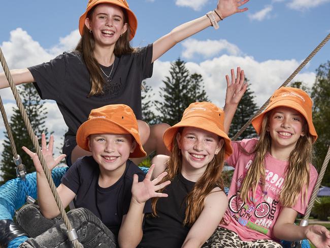 Isabella Banyer, 11, Emily Hawkes, 9, Chloe Hawkes, 7 and  Ashton Banyer, 6, at Discovery Parks in West Beach, Sunday, Dec. 1, 2024. Picture: Matt Loxton [Parents: Natalie Hawkes 0452121638, Paul Banyer 0434182683]