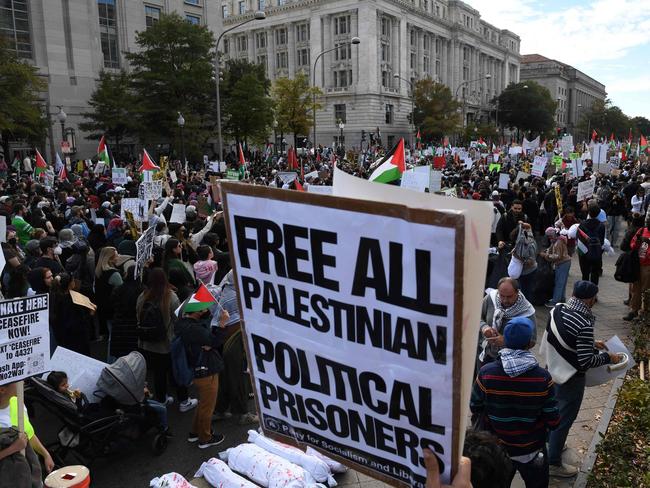 Demonstrators gather in Freedom Plaza during a rally in support of Palestinians in Washington, DC. Picture: AFP