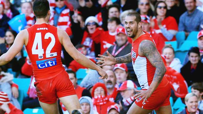 Lance Franklin celebrates a goal with Xavier Richards at the SCG. Picture: Mark Evans