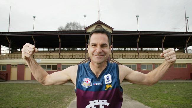 Former Fitzroy player Laurie Serafini wearing the Brisbane Lions Heritage Round jumper with the old Fitzroy Lions letters on the front, at Brunswick Oval.