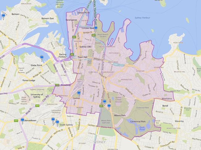 The catchment area for the Inner City High School, set to open in Surry Hills in 2020. Picture: Department of Education