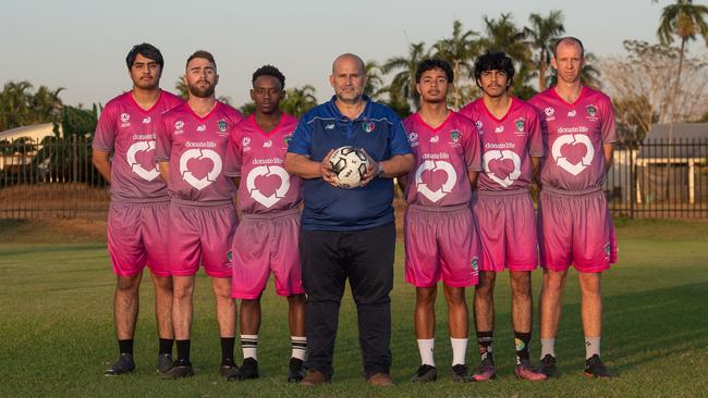 Darwin soccer team Azzuri held their annual DonateLife game this weekend. Pictured are Adil Saeed, Callum Kerr, Samson Mashimango, John Kassaras, Ronnie Aragon, Atif Saeed and James Carr. Picture: Pema Tamang Pakhrin