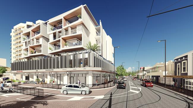 An artist’s impression of Andrew Taplin’s apartment development proposed for the corner of Jetty Rd and Colley Tce, Glenelg.