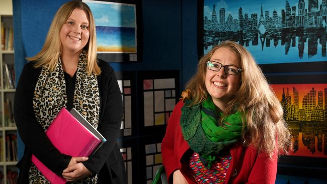 High school teacher Stacey Bartlett with primary school teacher Chelsea Pfitz-Williams at Wirreanda Secondary School. Picture: Tricia Watkinson