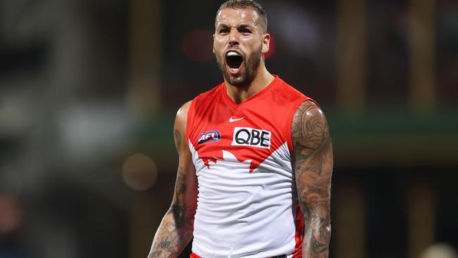 Lance Franklin celebrates a goal at Sydney Cricket Ground. Picture: Matt King/AFL Photos/via Getty Images