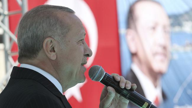 Turkey's President Recep Tayyip Erdogan also showed excerpts of a video taken by the Christchurch attacker who killed 50 people in mosques in New Zealand at a campaign rally. Picture: AP 