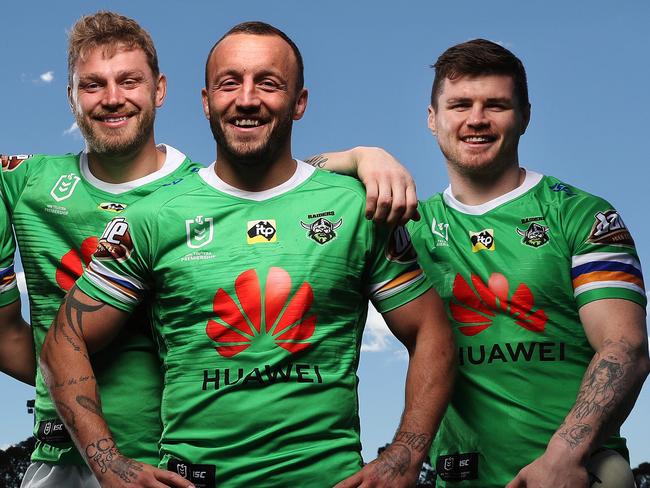 HOLD DO NOT USE WITHOUT PERMISSION FROM JAMES SILVER DAILY TELEGRAPH SPORTS EDITOR -Canberra Raiders Ryan Sutton, Elliott Whitehead, Josh Hodgson, and John Bateman pose for a portrait at Raiders headquarters in Canberra. Picture: Brett Costello