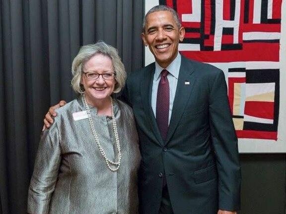 Heather Fenton, Aussie-born and raised mum of Democratic senate hopeful Jon Ossoff, with former President Barack Obama. Picture: Facebook