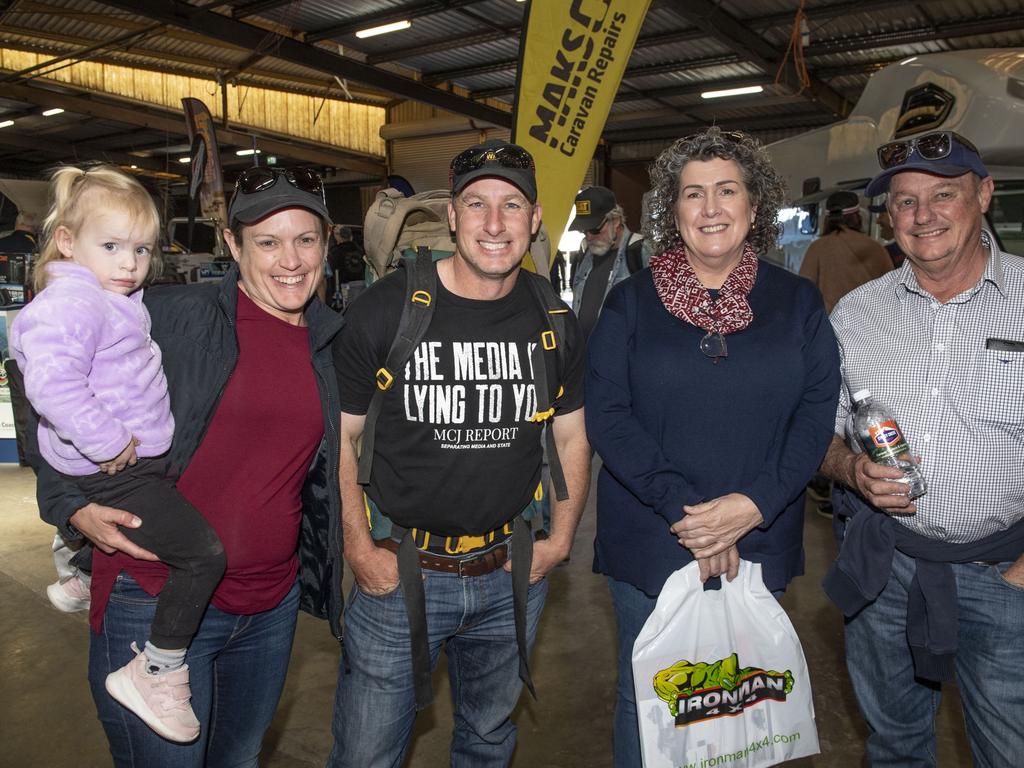 (from left) Charlotte Bartley, Lisa Bartley, Andrew Bartley, Ruth Rudd and Geoff Rudd at the Queensland Outdoor Adventure Expo, Toowoomba Showgrounds. Friday, July 29, 2022. Picture: Nev Madsen.