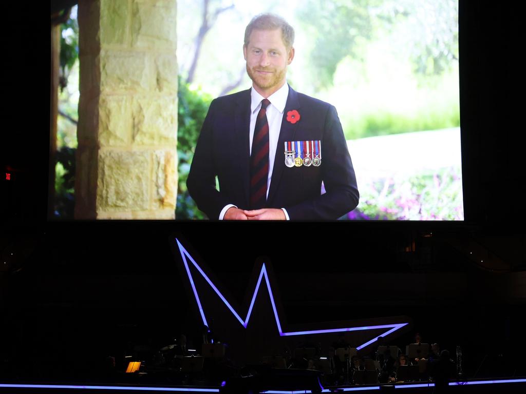 Harry appeared onstage in a video message. Picture: Mike Coppola/Getty Images for Bob Woodruff Foundation