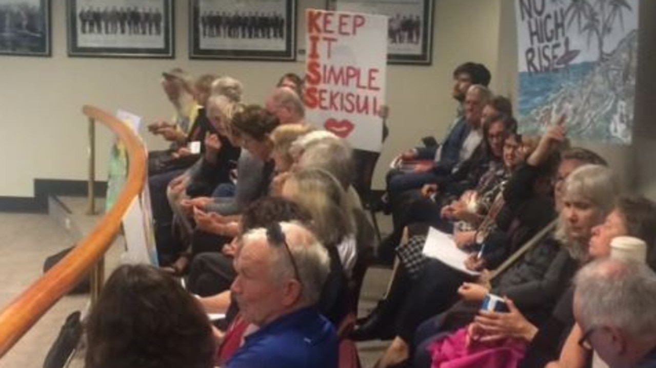 Community members gathered at the 2018 Sunshine Coast Council meeting in which six councillors voted in favour of the Sekisui House Yaroomba development application.